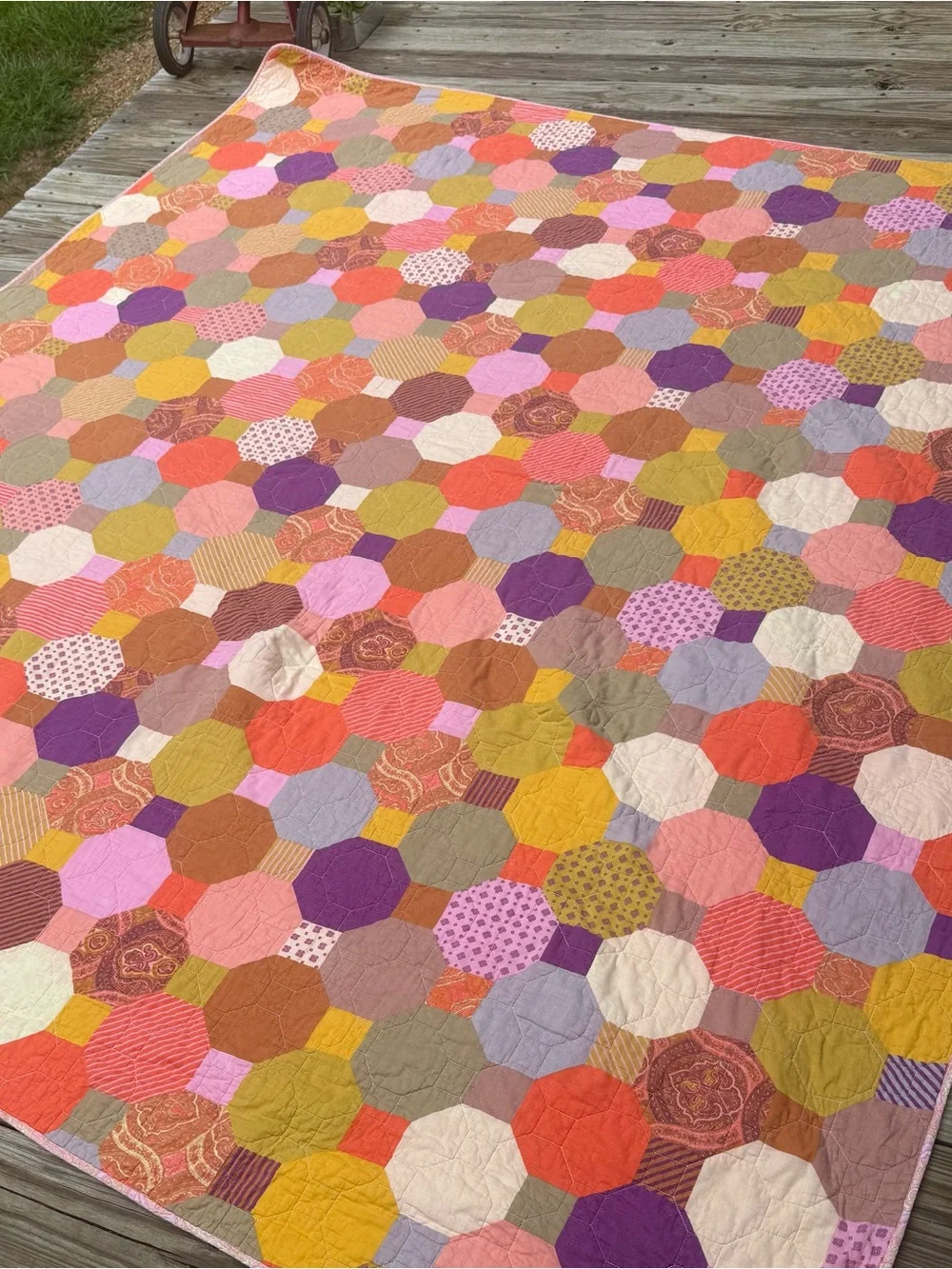 Handmade 86x88 Granny Octogonal Patterned Crazy Quilt W Paisley Backing